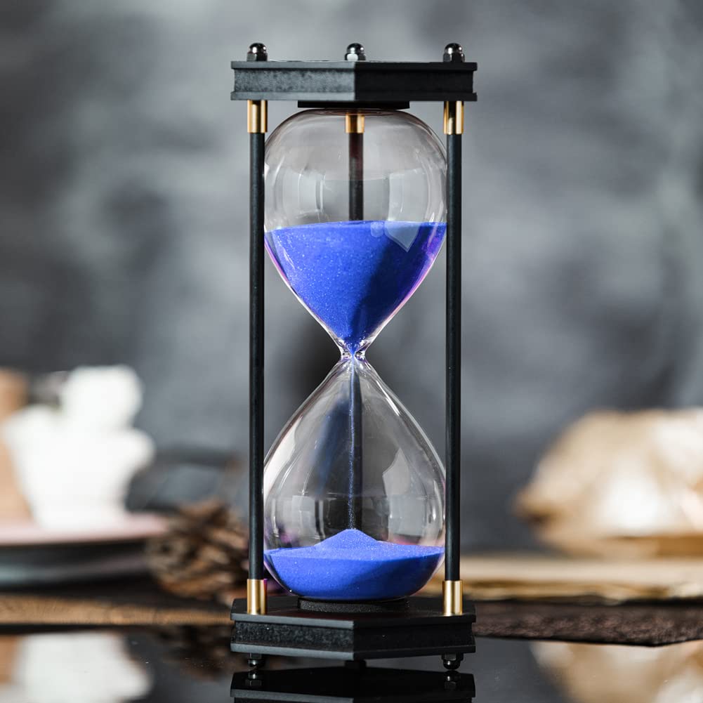Akaka Muning Blue Large Hourglass Timer 60 Minute, Decorative Hexagon Frame Sandglass With Sand