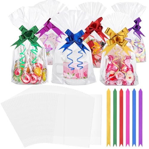 woric 60 PCS Cellophane Bags 8 x 12 Inch Clear Sweet Bags with Ties & Bows Flat Bottom OPP Plastic Gift Bag for Sweets Treats