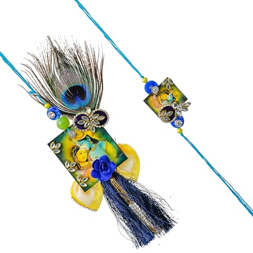 Image of eCraftIndia Radha Krishna Designer Rakhis for Brother and Bhabhi | Bhaiya Bhabhi Rakhi Set of 2 | Lumba Rakhi for Bhabhi | Best Bro Ever Fridge Magnet | Roli Chawal Pack