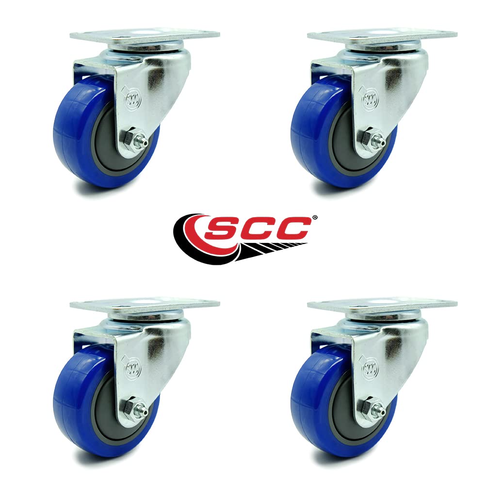 Polyurethane Swivel Top Plate Caster Set of 4 with 3 Inch Blue Wheels - Includes 4 Swivel - 1200 lbs. Total Capacity - Service Caster Brand
