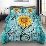 Pamnest Comforter Set Queen Size, Rustic Yellow Sunflower 3 Pcs Soft Bedding Set for Kids and Adults, Teal Wood Wooden Floral Comforter Set with 2 Pillowcases, for Bedroom Bed Decor