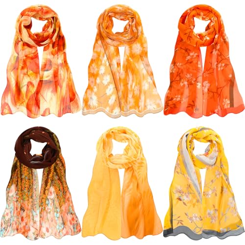6 Pcs Fall Scarf for Women, Orange Scarfs Lightweight Print Floral Pattern Autumn Wrap Scarves for All Season