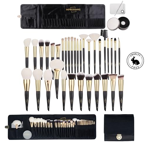 ImpressionZ 34Pcs Luxury Full Makeup Brush Set with Travel Bag | Cruelty-Free Synthetic & XGF Bristles Foundation, Blending, Face Powder, Concealers, Eyeshadows & Blush Makeup Brushes | Bliss Gift Set