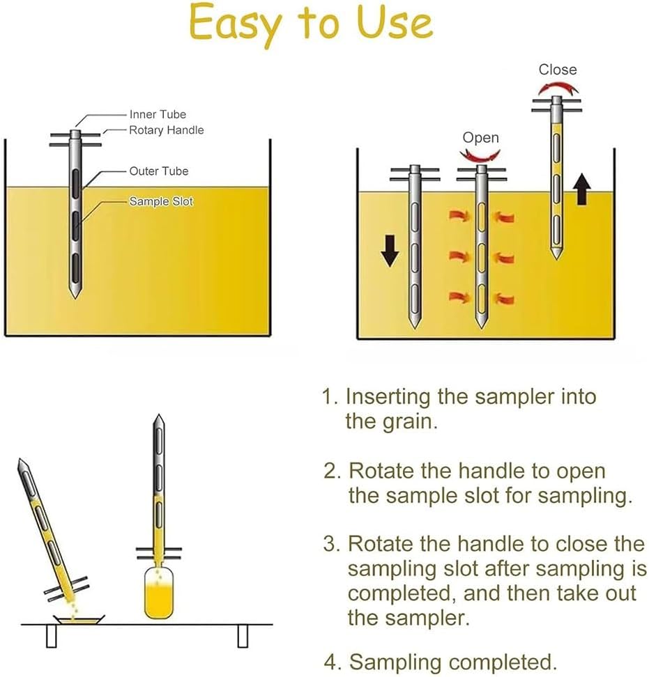 Double Layers Grain Probe Sampler, 3 Slots Metal Sampling Tube for Rice Corn Wheat Soybeans, Rotary Handle Solid Granule Sampling Thief(L-2m(6.6ft),Dia-19mm(3/4"))