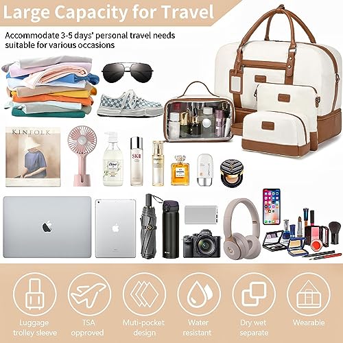 Wogarl 4Pcs Weekender Bags For Women Large Overnight Bag Weekend Travel Duffel Bag Carry On Shoulder With Shoe Compartment Canvas Toiletry Bag For Travel Business Gym,Beige thumb #5