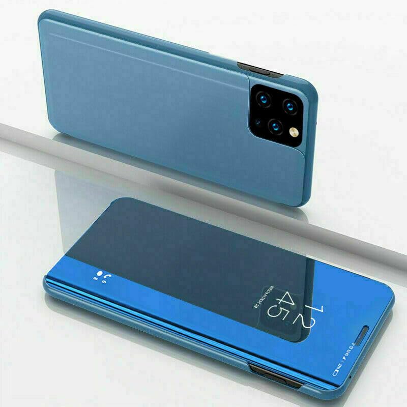 Coque iPhone 14 bleu idéale en déplacement avec son étui miroir pliable