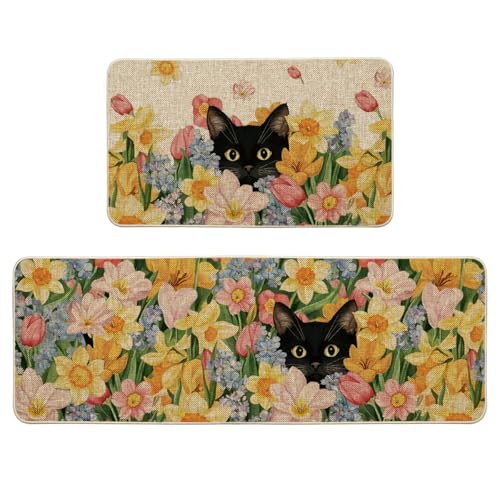 Artoid Mode Black Cat Floral Flowers Spring Kitchen Mats Set of 2, Home Decor Low-Profile Kitchen Rugs for Floor - 17x29 and 17x47 Inch