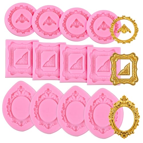 12 PCS Picture Frame Mold Pictures Frames Molds Silicone Baroque Vintage Pictures Frames Silicones Molds Picture Photo Frame and Mirrors Silicone Fondant Mold for Cake Decorating Cupcake Topper