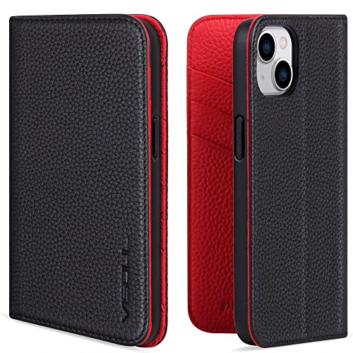VISOUL iPhone 14 Hülle, Handyhülle iPhone 14[100% Echtleder] [3 Kartenfächer] [Verdichtes TPU] [Magnet] [Stand], Stoßfeste Schutzhülle Lederhülle für iPhone 14 Rot L Cover