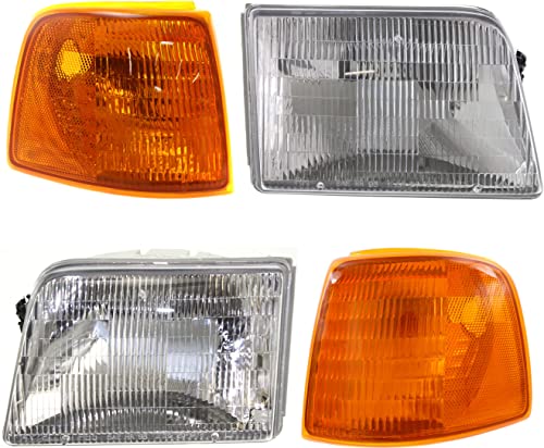 Evan Fischer Driver and Passenger Side Headlight Kit for Ford Ranger 1993-1997 Halogen With bulb(s) W/Corner Light Replaces# F37Z13008B F37Z13008A F37Z13200B F37Z13201A