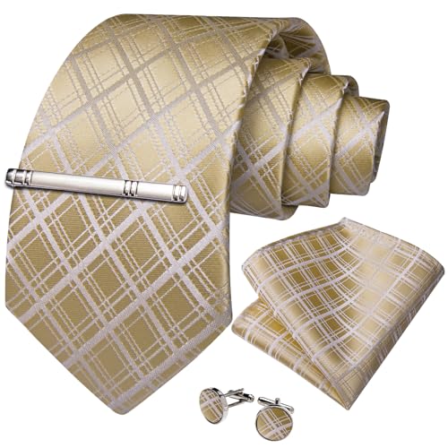 Image of DiBanGu Plaid Ties for Men Silk Checkered Necktie and Pocket Square Cufflinks Tie Clip Set with Gift Box for Wedding Business