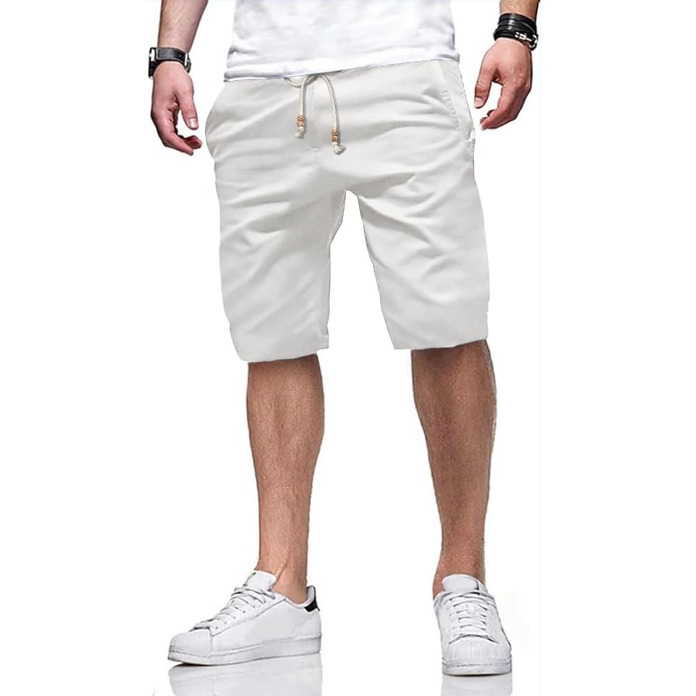 Tansozer Men's White Summer Casual Cotton Shorts With Pockets Elasticated Waist M