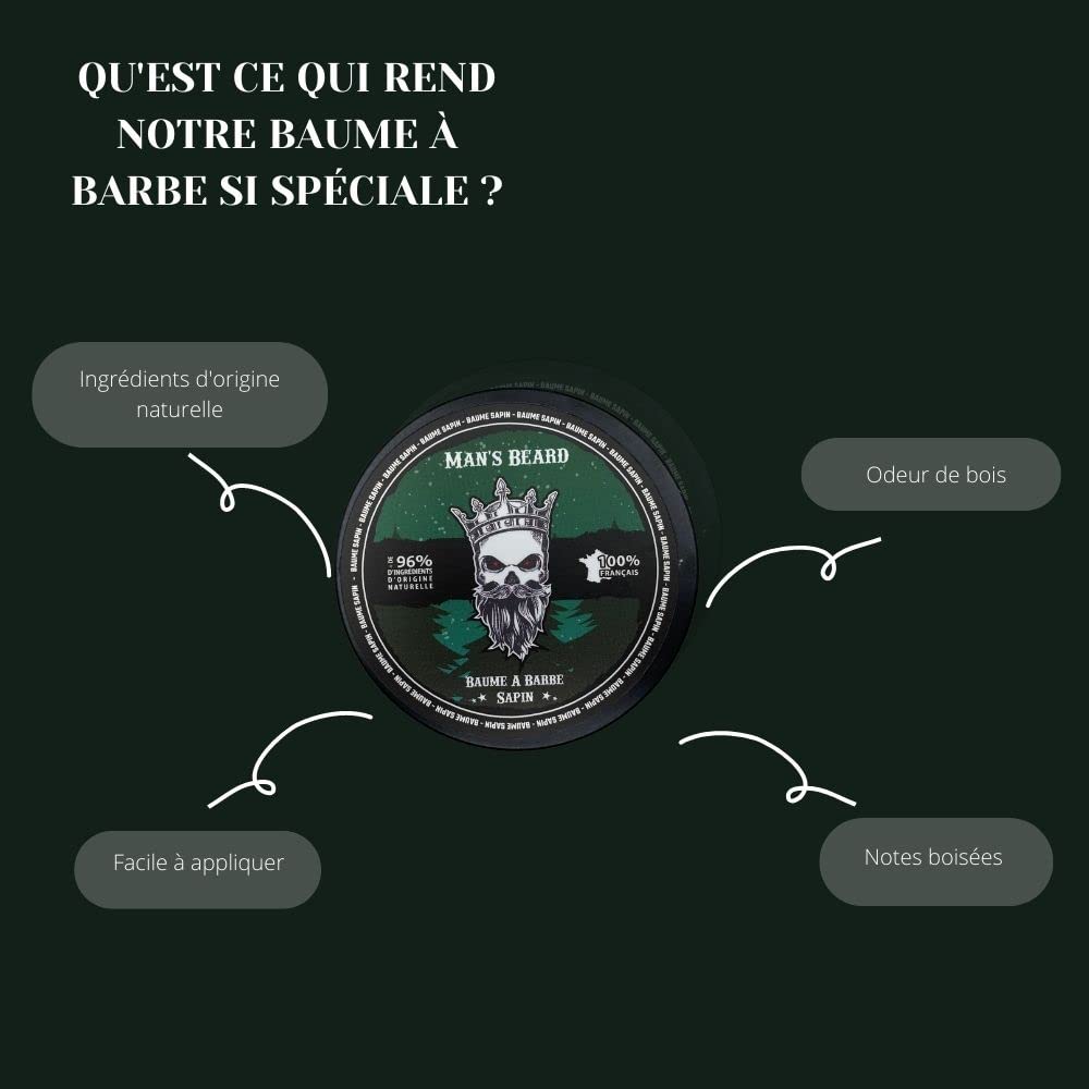 Man's Beard | Baume De Barbe Sapin | Soin hydratant et nourrissant cire pour barbe | Ingrédients d'Origine Naturelle | 100% Fabriqué en France | 90 ml