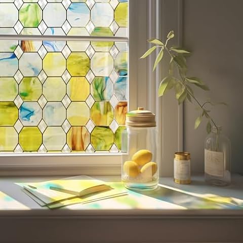 3D Stained Glass Window Film, Decorative Window Privacy Film for Bathroom,Front Door,Home, Sun Blocking Heat Control,Static Cling, Eternal Prism 23.6inch x 35.4inch Cover