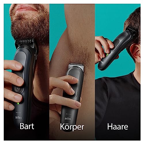Foto von Braun All-In-One Trimmer-Set 7, 17-in-1 Multigroom, Barttrimmer, Nasenhaartrimmer, Haarschneidemaschine für Gesicht, Kopf und Körper, 100 Min Akku, 14 Längen (3–21 mm), Wasserdicht, MGK7491, Schwarz