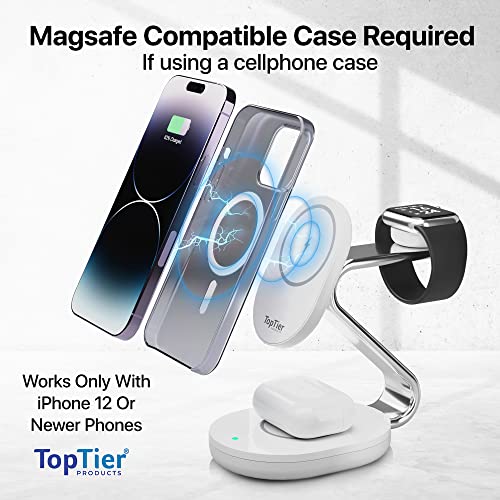 Toptier 3 In 1 Magsafe Wireless Charging Station, Metal Design, Iphone Apple Watch Airpods, Magsafe Compatible (White) #TOP2
