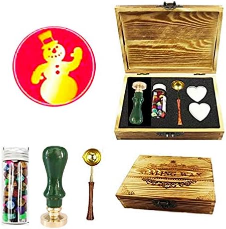 YGHM Christmas Snowman Wax Seal Stamp Kit Wood Gift Box Green Macaroon Handle Wax Beads Melting Spoon Set,Wedding Invitations Letters Seal Stamp