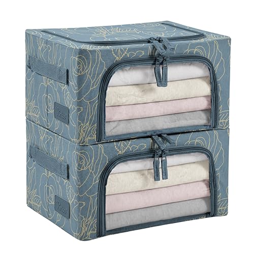 Periea Beau 2 Pack Storage Boxes – Collapsible Stackable Fabric Organizers Storage Bags with Steel Frame, Front Window & Top/Front Zip Access - Metallic Floral - Compact