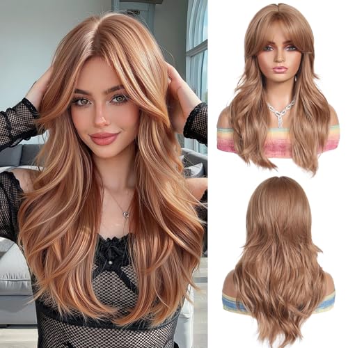 OUFEI Long Strawberry Blonde Wig With Curtain Bangs Natural Wavy Wigs for Women Natural Synthetic Hair Heat Resistant Wigs for Daily Party Cosplay Wear