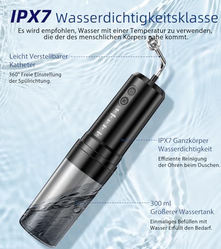 KIMTAR Ohrenschmalz Entferner, Ohrenreiniger Elektrischer Ohrendusche Mit 4 Druckmodi IPX7 Wasserdicht Wiederaufladbar, 10 Düsen Ohr Reinigung für Erwachsene Kinder zu Hause Schwarz