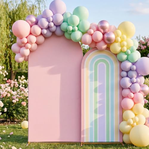 Mindsoft Rainbow Arch Backdrop Stand Covers Pastel Background Arched Stretchy Fabric Backdrop Cover for Boho Daisy Birthday Party Wedding Decoration (Macaroon Pink 7.2ft+6ft 2 Pcs)