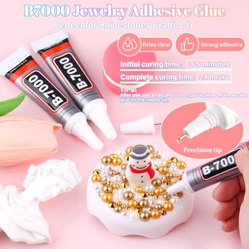14000Pcs Flatback Pearls and Rhinestones for Crafting, White Brown Mixed Size 3-8mm Resin Rhinestones and Half Pearls for Bedazzling, Nail Art and Decoration with 3pcs B7000 Jewelry Glue