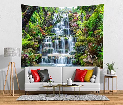 BELECO Forest Garden Waterfall Tapestry Wall Hanging Mountain Rocks Flowing Water Scenery Green Plants Trees Beautiful Nature Wall Tapestry for Home Bedroom Living Room Dorm Decor 80x60 Inches