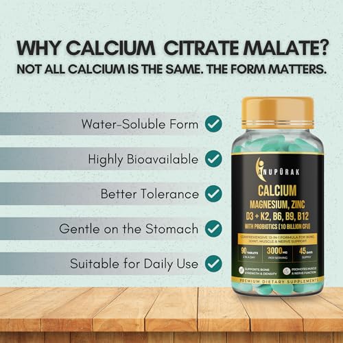 Image of Calcium and Vitamin D3 Tablets | 15 Actives: Calcium Magnesium Zinc with K2 MK-7 & Probiotics | Gentle on Stomach . High Absorption | Bone Health Supplement | 90 Veg Tablets (45 Days)