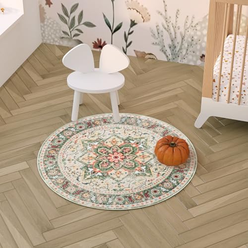 Round Rug for Living Room, 3Ft Round Washable Rug, Boho Small Circle Kitchen Area Rugs, Non Slip Low Pile Circular Rugs, Soft Round Carpet for Bedroom, Office, Kitchen Entryway, Bathroom (CreamGreen) - Image 6