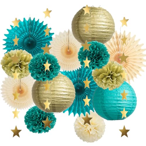 Teal and Gold Party Decorations Teal Blue Paper Lanterns Pom