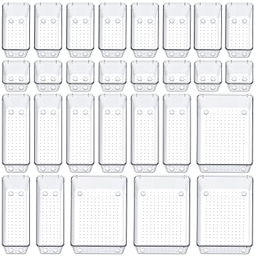 Image of SMARTAKE 28 Piece Drawer Organizers with Non-Slip Silicone Pads, 4-Size Desk Drawer Organizer Trays Storage Tray for Makeup, Jewelries, Utensils in Bedroom Dresser, Office and Kitchen, Clear