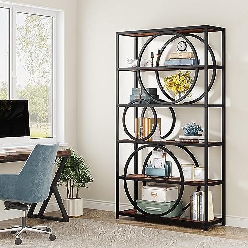 Image of Tribesigns 5-Tier Bookshelf, 71 inch H Industrial Book Shelf Large Bookcases and Bookshelves with Chic Circular Design, Tall Open Shelf Storage Rack for Home Office Living Room, Rustic Brown