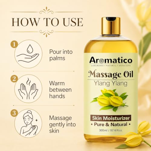 Image of AROMATICO Ylang Ylang Massage Oil - Spa Massage Oil with Almond & Jojoba for Couples, Full Body Stress Relief & Skin Nourishment | 300ml