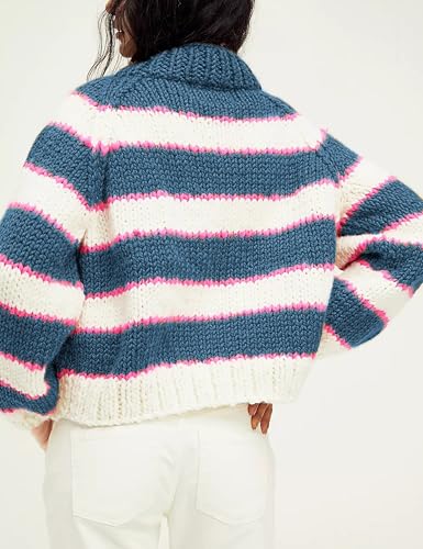 Image of Yeokou Women Stripe Pullover Sweater Turtleneck Ribbed Knit Top Casual Fall Winter Chunky Knitwear