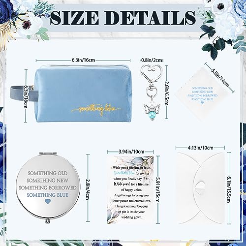 Set of 6 Something Blue Wedding Gift for Bride Wedding Embroidered Handkerchief Angel Bouquet Charm Something Blue Bridal Cosmetic Bag Diamond Compact Mirror Greenery Card with Envelope Gift to Bride2