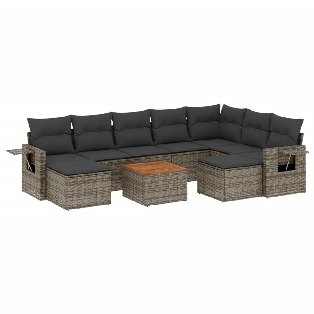 Juego de muebles de jardín de ratán PE de 10 piezas, sofá de jardín modular gris con cojines y espacio de almacenamiento, mesa de madera de acacia, conjunto de asientos para terraza