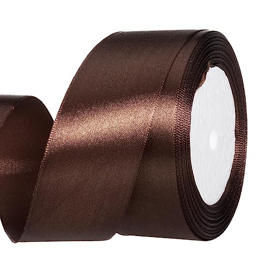 Image of ATRBB 25 Yards 1-1 /2 inch Brown Satin Ribbon for Gift Wrapping | Wedding, Bows, Colorfast Polyester Fabric Thick Ribbon for Bouquets Party Decor Crafts Handmade Flower DIY