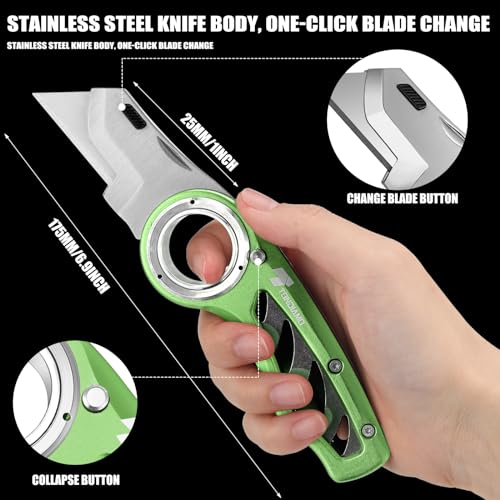 Image of Tondiamo 2 Pcs Folding Pocket Utility Knife Heavy Duty Box Cutter Folding Razor Knife with Anti Slip Finger Loop Easy Change Blades 3 Lock Positions Design (Green)