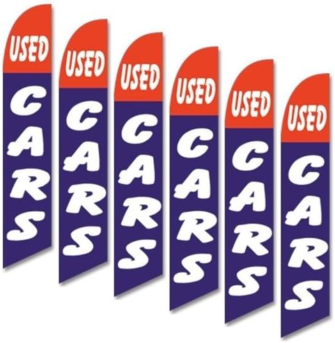Six (6) Pack Full Sleeve Swooper Flags USED CARS Red Blue w Big White Text