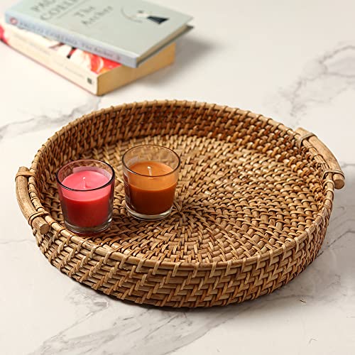 Habere India-All the Cultures Fabricating India Bamboo Serving Tray | Serveware for Dining Table | Rattan Tea Tray | Wooden Trays for Decoration - Round, Brown (Dia-31 x H8 cm)