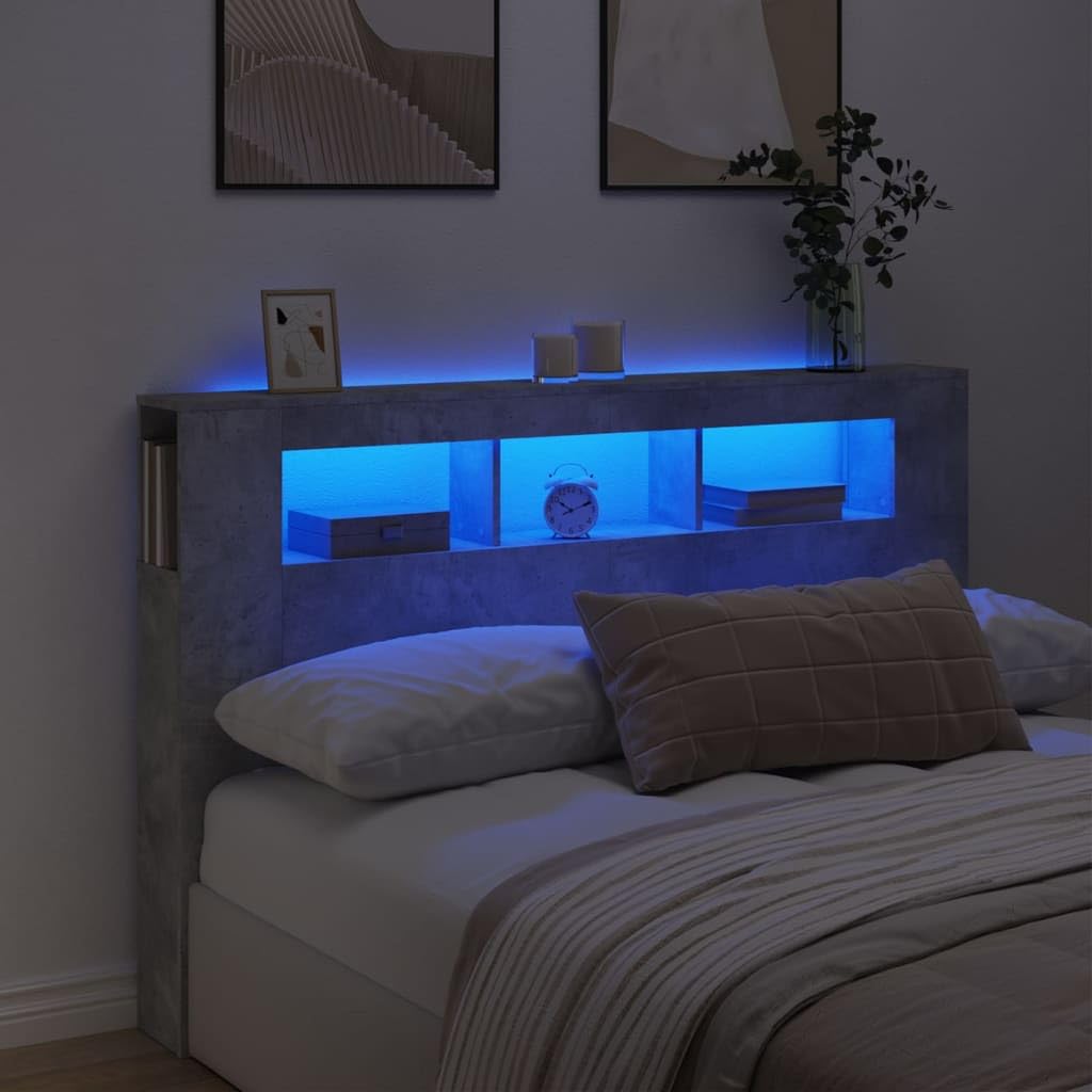 IKAYAA Testiera Letto Matrimoniale con LED Testiera Letto Matrimoniale Legno 160 cm Testiera con Contenitore Testiera Letto con Scomparti -Grigio cemento-160 x 103.5 cm