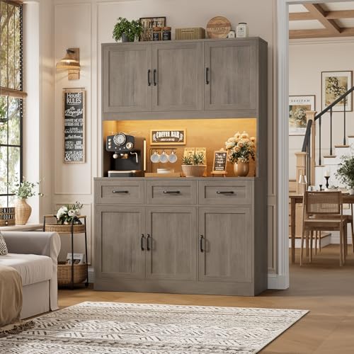 Image of HOSTACK Kitchen Pantry Storage Cabinet, Kitchen Hutch Cabinet, Ash Gray | 47 inchW Food Pantry Cabinet with Smart LED / Charging Station / Countertop / 3 Large Drawers, 72 inchH Storage Hutch for Dining Room