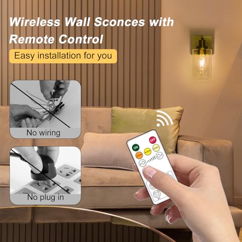 Image of Battery Operated Wall Sconce Set of Two Gold,Vintage Wall Light with Glass Shade,6000mAh Rechargeable Wireless Wall Lamp Indoor Dimmable with Remote,Cordless Wall Light Fixtures for Bathroom Bedroom