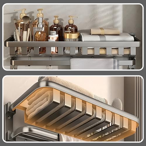 Image of iBELL 59 cm (23.2-Inch) Stainless Steel Folding Bathroom Towel Holder | Towel Rack for BathroomTowel Stand with Shelf - Matt Black | Corrosion Resistant, Anti-Peel and Scratch Resistant |