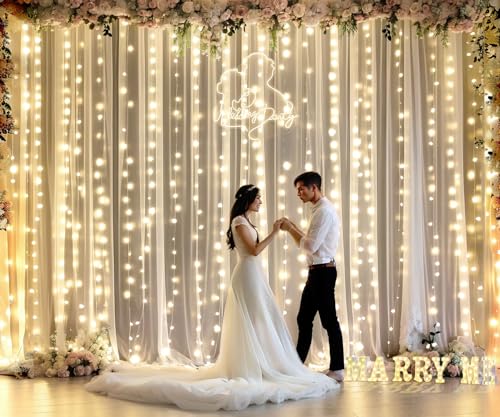 Sheer Tulle Backdrop Curtains with Lights String for Parites Wedding Chiffon Backdrop Curtain for Bridal Shower Baby Shower Birthday Party Photo Shoot Background Wall Decorations - Image 5