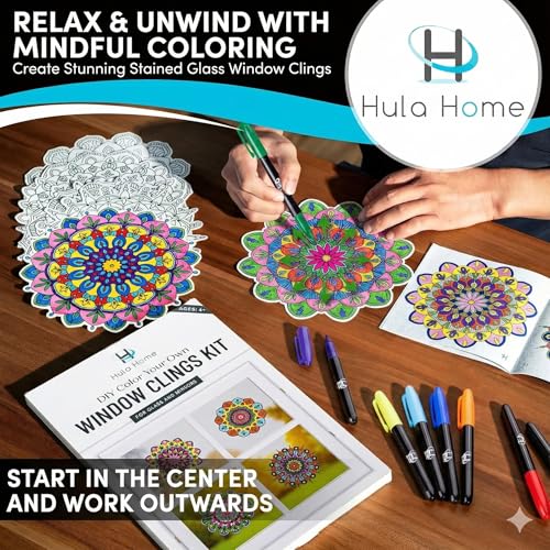Hula Home Stained Glass Mandala Art Kit - DIY Window Clings with Markers, 10 Suncatchers - Perfect Hobby for Adults, Kids, Teens & Seniors - Ideal Gift for Beginners, Women & Elderly - Image 2