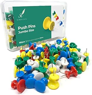 SIMPLIFE - 80 pcs Jumbo Push Pins - Assorted Colours Metallic Tip Pushpins for Office, School, DIY (80pcs, Jumbo Size - 24mm)