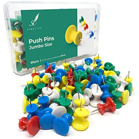 SIMPLIFE - 80 pcs Jumbo Push Pins - Assorted Colours Metallic Tip Pushpins for Office, School, DIY (80pcs, Jumbo Size - 24mm) Cover