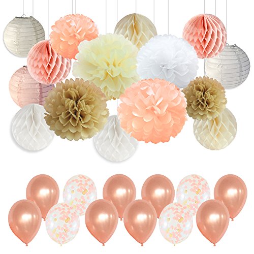 Pompones de papel para fiesta, decoraciones con champán y globos de confeti para decoración de cumpleaños, fiestas, bodas, fiestas, decoración de baby shower, champán, melocotón, marfil, blanco