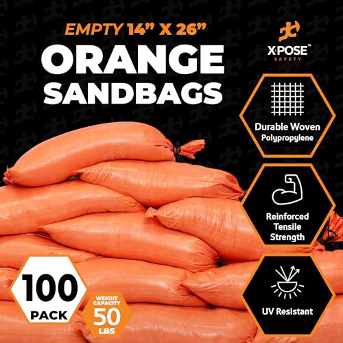 Image of Xpose Safety Heavy Duty Sand Bags with Tie Strings - Empty Woven Polypropylene Sandbags for Hurricane Flood Protection, 50 lb Capacity, 14 inch x 26 inch, Orange, Pack of 100